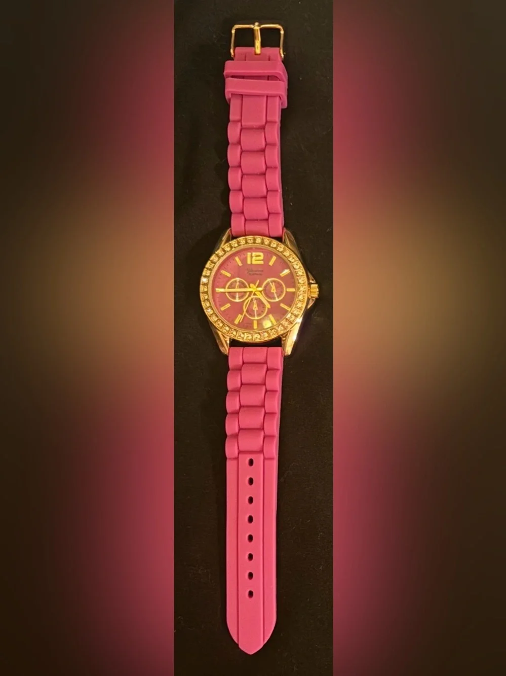 Geneva Platinum Gold-Tone Case Watch with Pink Dial and Pink Silicone Strap